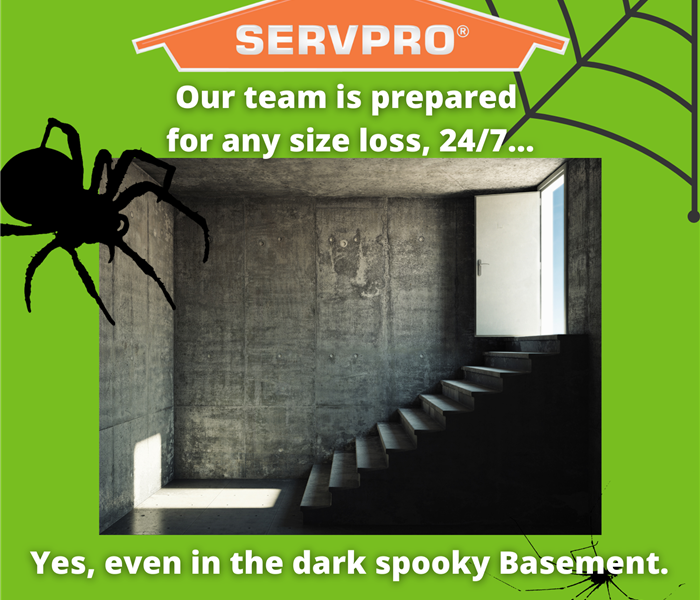 Picture of dark basement with SERVPRO logo header 
