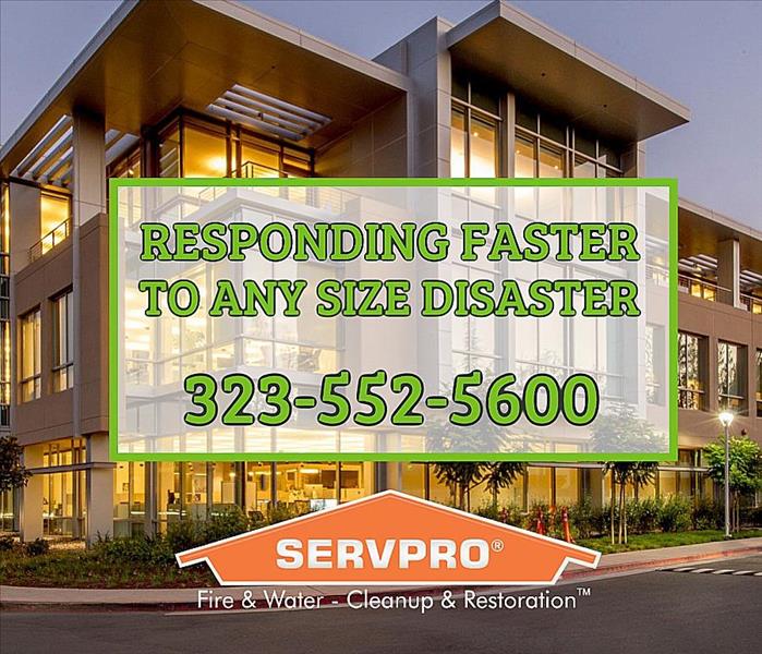 Commercial Buildnig with SERVPRO text "responding faster to any size disaster, 323-552-5600